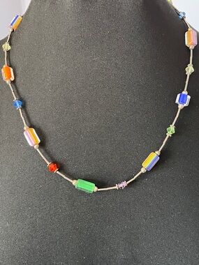 Vintage Shube Sterling Silver Multicolor Glass Bead Necklace 90s Art Jewelry